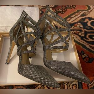 Belle Badgley Mischka silver heels